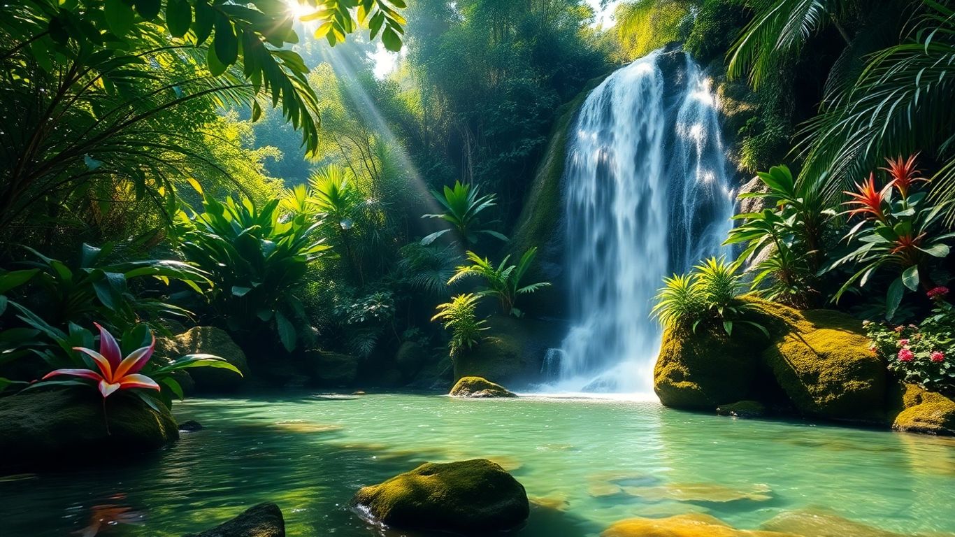 Lush Balinese jungle with waterfall and tropical flowers.