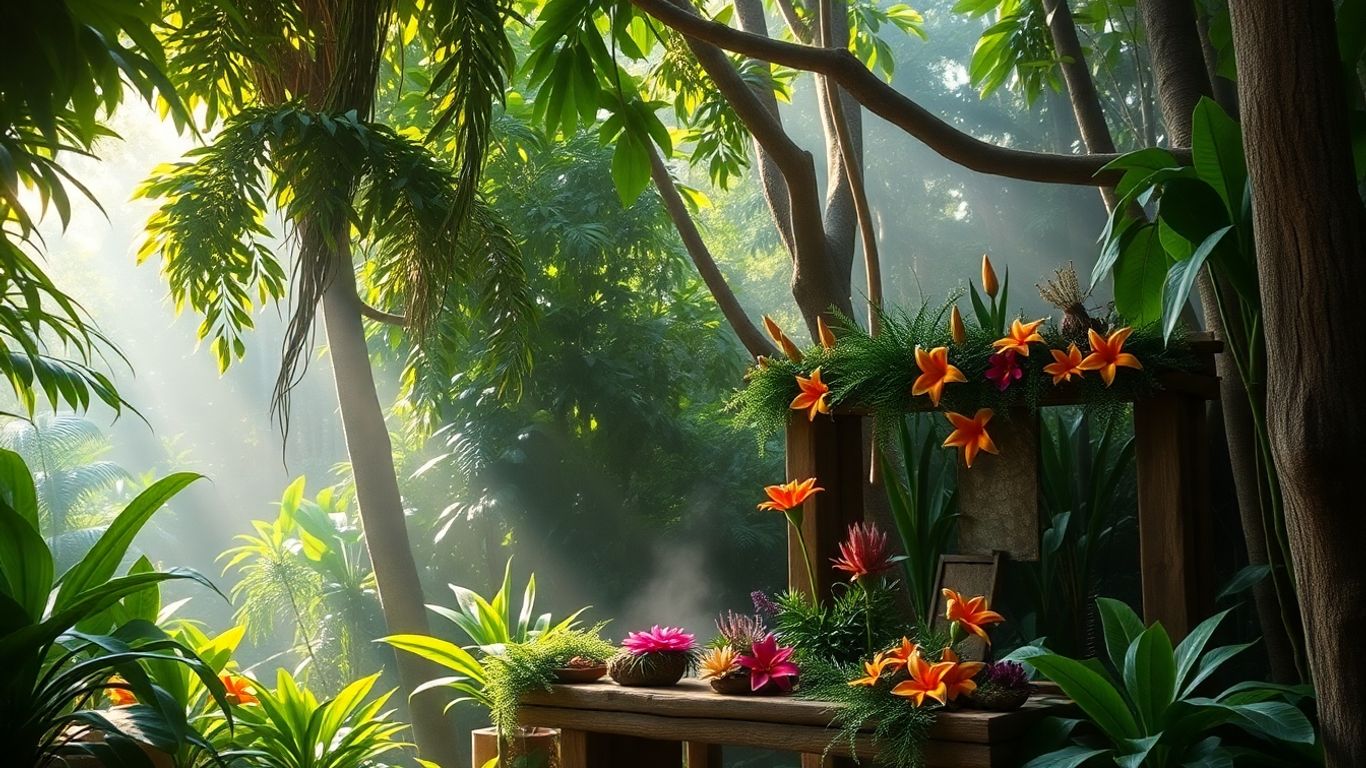 Balinese jungle with plants and flowers