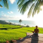 Person meditating in Bali with rice paddies and ocean.
