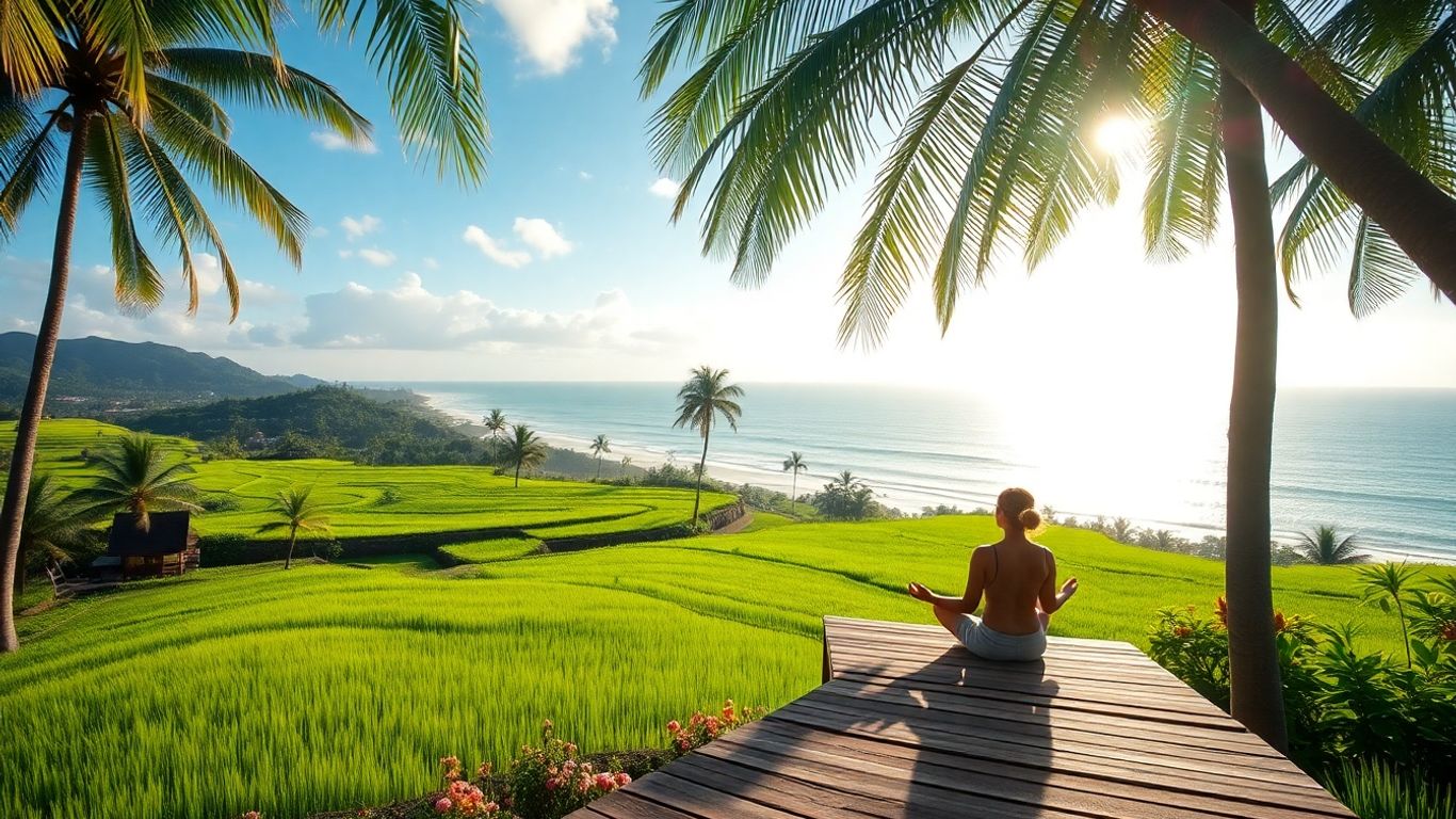 Person meditating in Bali with rice paddies and ocean.