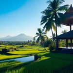 Serene Balinese landscape with rice paddies and yoga pavilion.
