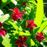 Lush Balinese plants with vibrant flowers and sunlight.