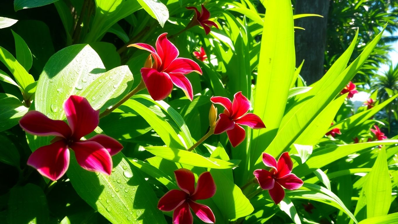 Lush Balinese plants with vibrant flowers and sunlight.