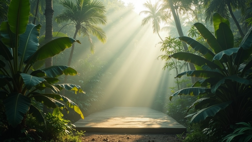Morning mist drifting through a quiet Ubud jungle meditation sanctuary at dawn